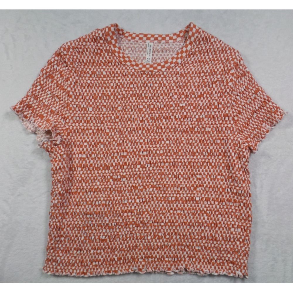 American Eagle Top Womens Size XL Orange Smocked Hey Baby Tee Crew Short Sleeve